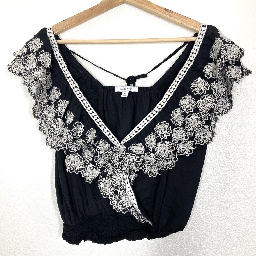 Monograph Anthropologie Blouse XL Black Embroidered Floral Ruffle Crop Top Boho - Picture 3 of 15